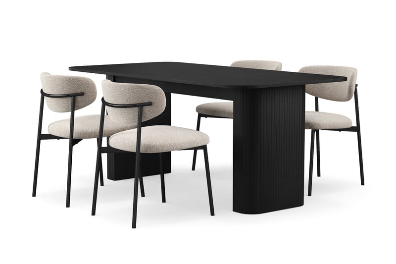 Kopparbo Ruokapöytä 180-240 cm Jatkettava 4 Lucy Ruokatuolilla, Musta / Greige Bouclé / Metallijalat Musta
