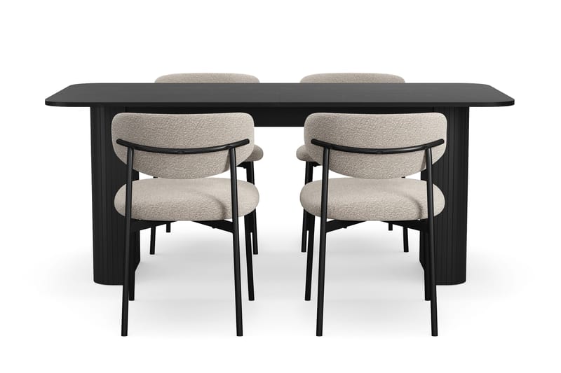 Kopparbo Ruokapöytä 180-240 cm Jatkettava 4 Lucy Ruokatuolilla - Musta / Greige Bouclé / Metallijalat Musta - Huonekalut - Pöytä & ruokailuryhmä - Ruokailuryhmä