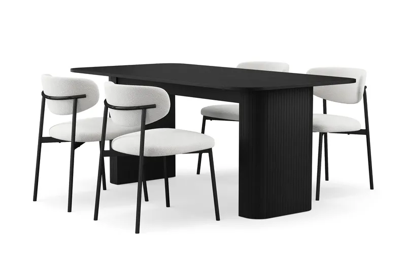 Kopparbo Ruokapöytä 180-240 cm Jatkettava 4 Lucy Ruokatuolilla, Musta / Valkoinen Bouclé / Metallijalat Musta