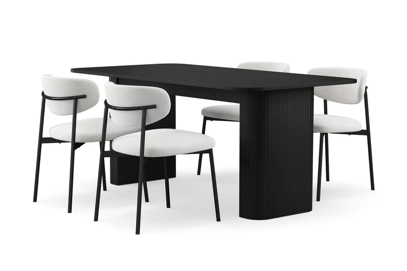 Kopparbo Ruokapöytä 180-240 cm Jatkettava 4 Lucy Ruokatuolilla, Musta / Valkoinen Bouclé / Metallijalat Musta