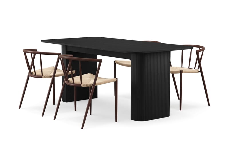 Kopparbo Ruokapöytä 180-240 cm Jatkettava 4 Winston Ruokatuolilla, Musta / Beige / Metallijalat Savutammi
