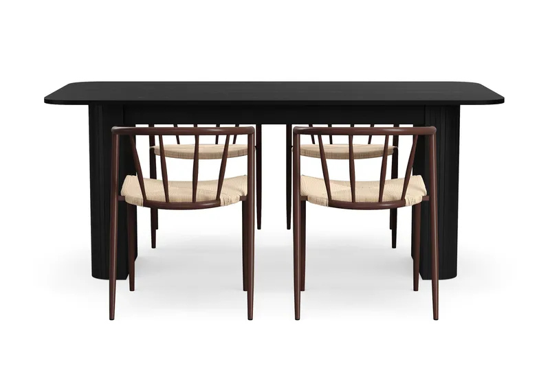 Kopparbo Ruokapöytä 180-240 cm Jatkettava 4 Winston Ruokatuolilla - Musta / Beige / Metallijalat Savutammi - Huonekalut - Pöytä & ruokailuryhmä - Ruokailuryhmä