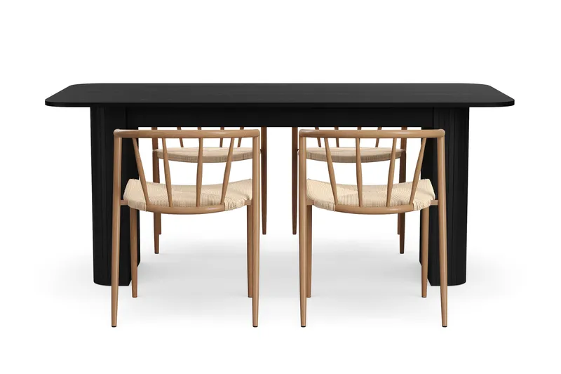 Kopparbo Ruokapöytä 180-240 cm Jatkettava 4 Winston Ruokatuolilla - Musta / Beige / Metallijalat Tammi - Huonekalut - Pöytä & ruokailuryhmä - Ruokailuryhmä