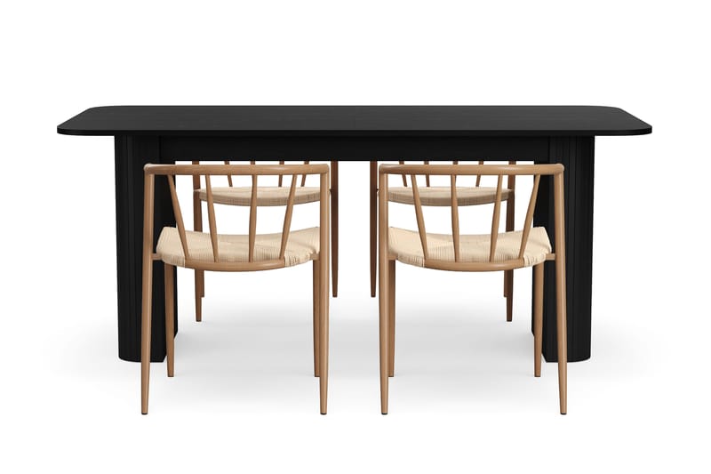 Kopparbo Ruokapöytä 180-240 cm Jatkettava 4 Winston Ruokatuolilla - Musta / Beige / Metallijalat Tammi - Huonekalut - Pöytä & ruokailuryhmä - Ruokailuryhmä