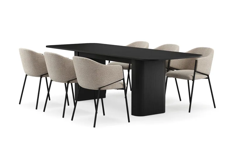 Kopparbo Ruokapöytä 180-240 cm Jatkettava 6 Filip Ruokatuolilla, Musta / Taupe Bouclé