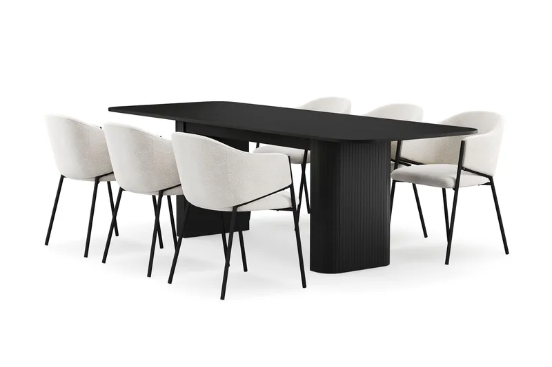 Kopparbo Ruokapöytä 180-240 cm Jatkettava 6 Filip Ruokatuolilla, Musta / Valkoinen Bouclé