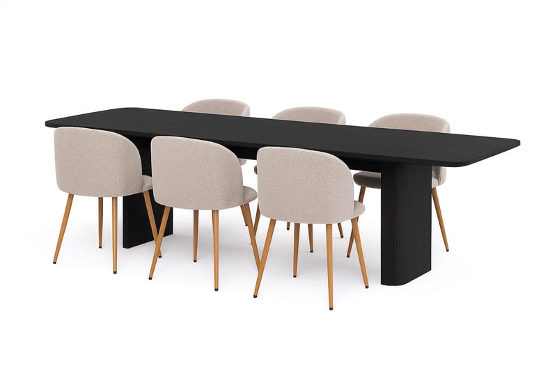 Kopparbo Ruokapöytä 180-240 cm Jatkettava 6 Greya Ruokatuolia käsinojilla, Musta / Greige Bouclé / Metallijalat Tammi