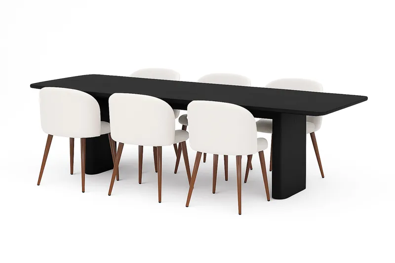 Kopparbo Ruokapöytä 180-240 cm Jatkettava 6 Greya Ruokatuolia käsinojilla, Musta / Valkoinen Bouclé / Metallijalat Pähkinä