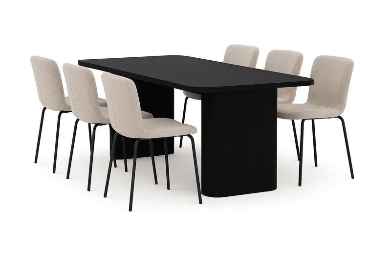 Kopparbo Ruokapöytä 180-240 cm Jatkettava 6 Katy Ruokatuolilla, Musta / Greige Bouclé / Metallijalat Musta