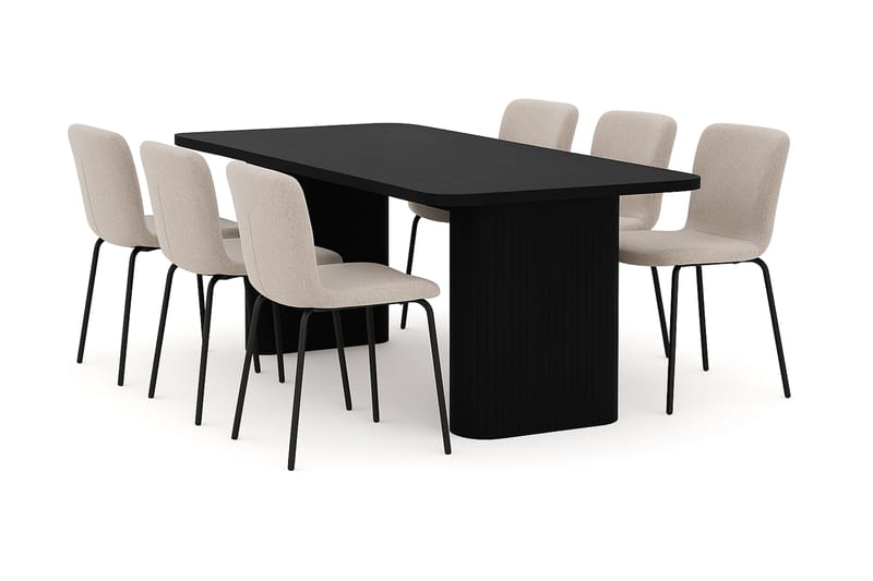 Kopparbo Ruokapöytä 180-240 cm Jatkettava 6 Katy Ruokatuolilla, Musta / Greige Bouclé / Metallijalat Musta