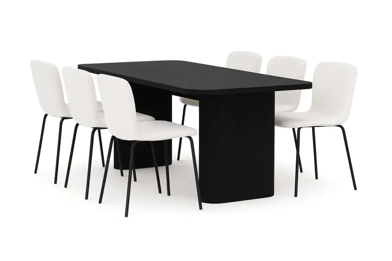 Kopparbo Ruokapöytä 180-240 cm Jatkettava 6 Katy Ruokatuolilla, Musta / Valkoinen Bouclé / Metallijalat Musta