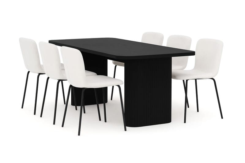 Kopparbo Ruokapöytä 180-240 cm Jatkettava 6 Katy Ruokatuolilla, Musta / Valkoinen Bouclé / Metallijalat Musta