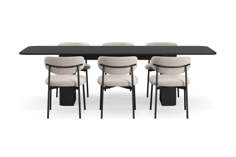 Kopparbo Ruokapöytä 180-240 cm Jatkettava 6 Lucy Ruokatuolilla - Musta / Greige Bouclé / Metallijalat Musta - Huonekalut - Pöytä & ruokailuryhmä - Ruokailuryhmä