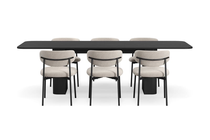 Kopparbo Ruokapöytä 180-240 cm Jatkettava 6 Lucy Ruokatuolilla - Musta / Greige Bouclé / Metallijalat Musta - Huonekalut - Pöytä & ruokailuryhmä - Ruokailuryhmä
