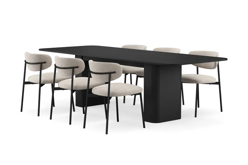 Kopparbo Ruokapöytä 180-240 cm Jatkettava 6 Lucy Ruokatuolilla, Musta / Greige Bouclé / Metallijalat Musta