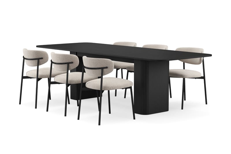 Kopparbo Ruokapöytä 180-240 cm Jatkettava 6 Lucy Ruokatuolilla, Musta / Greige Bouclé / Metallijalat Musta