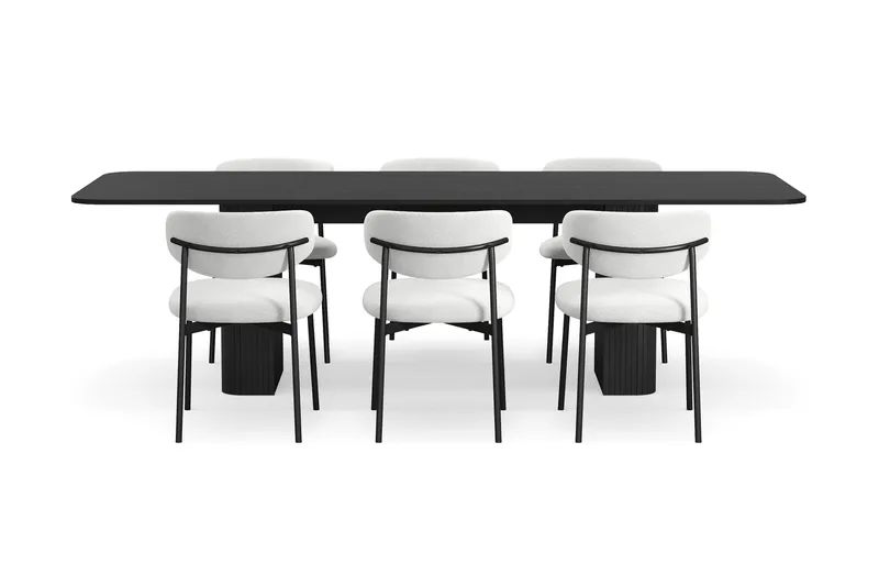 Kopparbo Ruokapöytä 180-240 cm Jatkettava 6 Lucy Ruokatuolilla - Musta / Valkoinen Bouclé / Metallijalat Musta - Huonekalut - Pöytä & ruokailuryhmä - Ruokailuryhmä