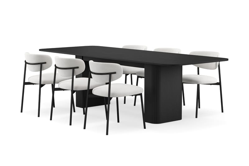 Kopparbo Ruokapöytä 180-240 cm Jatkettava 6 Lucy Ruokatuolilla, Musta / Valkoinen Bouclé / Metallijalat Musta