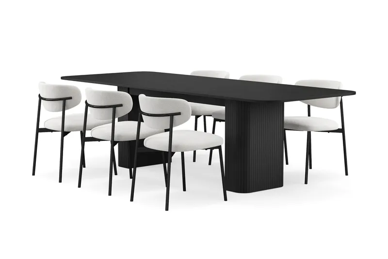 Kopparbo Ruokapöytä 180-240 cm Jatkettava 6 Lucy Ruokatuolilla, Musta / Valkoinen Bouclé / Metallijalat Musta