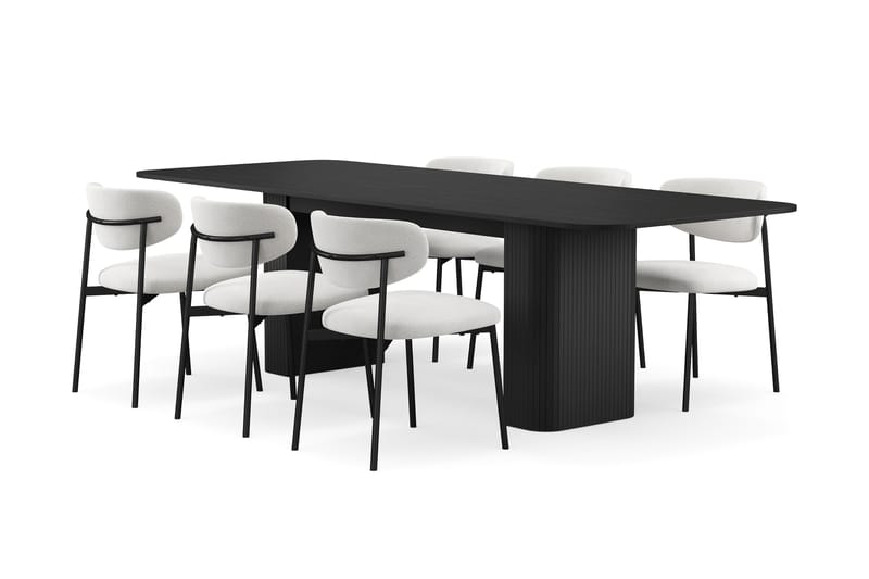 Kopparbo Ruokapöytä 180-240 cm Jatkettava 6 Lucy Ruokatuolilla, Musta / Valkoinen Bouclé / Metallijalat Musta