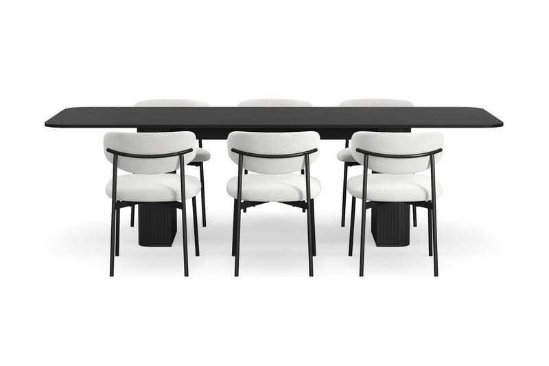 Kopparbo Ruokapöytä 180-240 cm Jatkettava 6 Lucy Ruokatuolilla - Musta / Valkoinen Bouclé / Metallijalat Musta - Huonekalut - Pöytä & ruokailuryhmä - Ruokailuryhmä