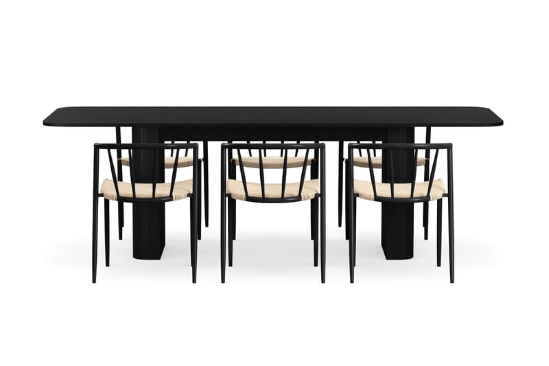 Kopparbo Ruokapöytä 180-240 cm Jatkettava 6 Winston Ruokatuolilla - Musta / Beige / Metallijalat Musta - Huonekalut - Pöytä & ruokailuryhmä - Ruokailuryhmä