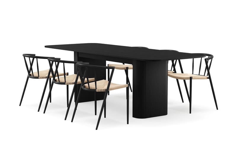Kopparbo Ruokapöytä 180-240 cm Jatkettava 6 Winston Ruokatuolilla, Musta / Beige / Metallijalat Musta