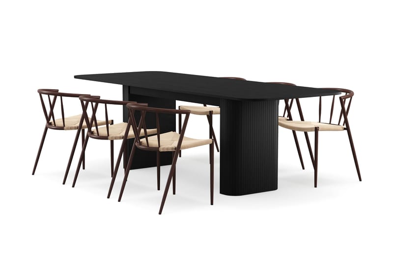 Kopparbo Ruokapöytä 180-240 cm Jatkettava 6 Winston Ruokatuolilla, Musta / Beige / Metallijalat Savutammi