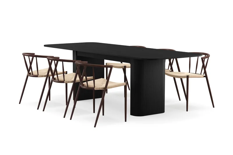 Kopparbo Ruokapöytä 180-240 cm Jatkettava 6 Winston Ruokatuolilla, Musta / Beige / Metallijalat Savutammi