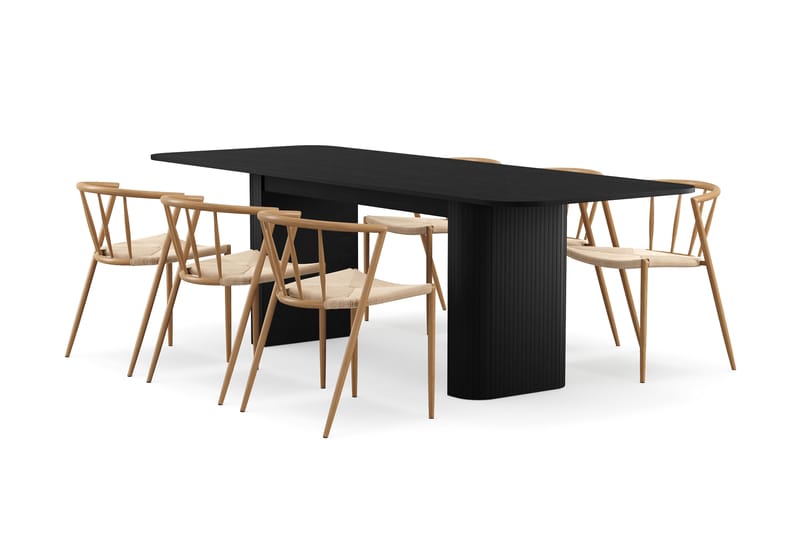 Kopparbo Ruokapöytä 180-240 cm Jatkettava 6 Winston Ruokatuolilla, Musta / Beige / Metallijalat Tammi