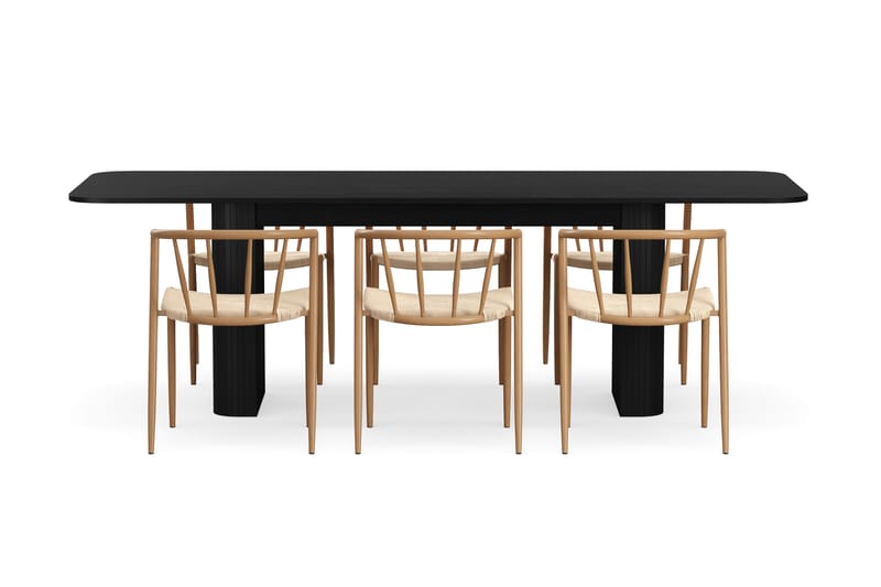 Kopparbo Ruokapöytä 180-240 cm Jatkettava 6 Winston Ruokatuolilla - Musta / Beige / Metallijalat Tammi - Huonekalut - Pöytä & ruokailuryhmä - Ruokailuryhmä