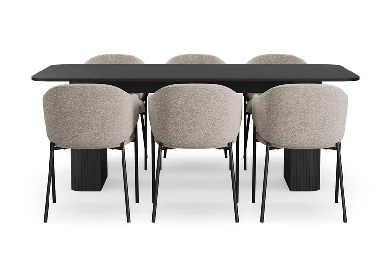 Kopparbo Ruokapöytä 200-260 cm Jatkettava 6 Filip Ruokatuolilla - Musta / Taupe Bouclé - Huonekalut - Pöytä & ruokailuryhmä - Ruokailuryhmä