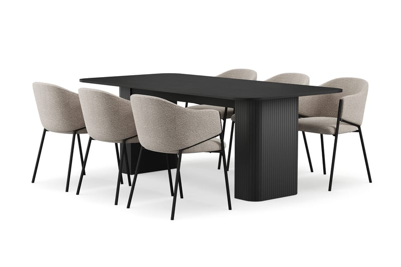 Kopparbo Ruokapöytä 200-260 cm Jatkettava 6 Filip Ruokatuolilla, Musta / Taupe Bouclé
