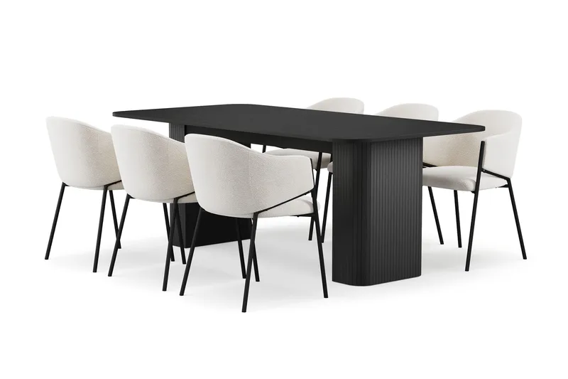 Kopparbo Ruokapöytä 200-260 cm Jatkettava 6 Filip Ruokatuolilla, Musta / Valkoinen Bouclé