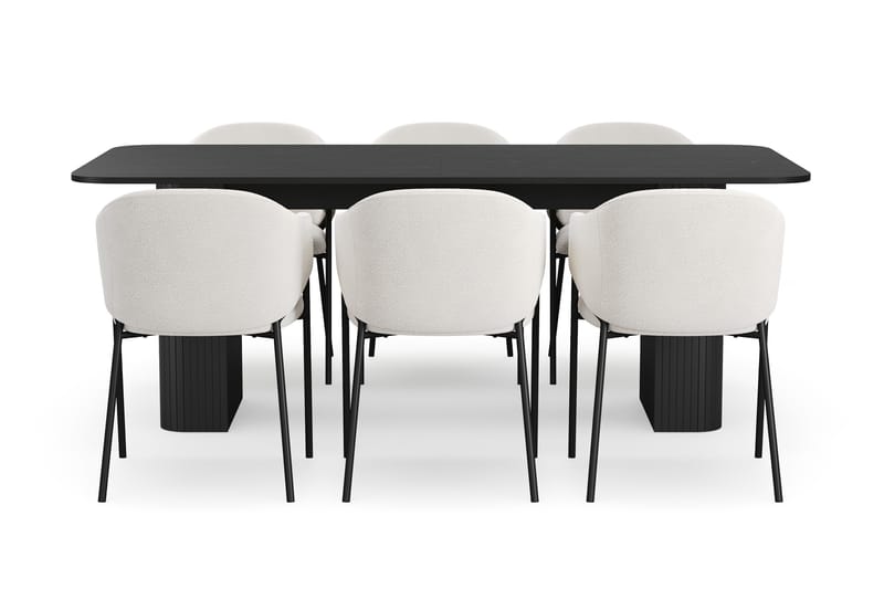 Kopparbo Ruokapöytä 200-260 cm Jatkettava 6 Filip Ruokatuolilla - Musta / Valkoinen Bouclé - Huonekalut - Pöytä & ruokailuryhmä - Ruokailuryhmä