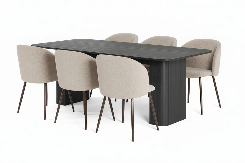 Kopparbo Ruokapöytä 200-260 cm Jatkettava 6 Greya Ruokatuolia käsinojilla, Musta / Greige Bouclé / Metallijalat Tammi