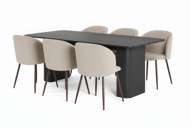 Kopparbo Ruokapöytä 200-260 cm Jatkettava 6 Greya Ruokatuolia käsinojilla, Musta / Greige Bouclé / Metallijalat Tammi