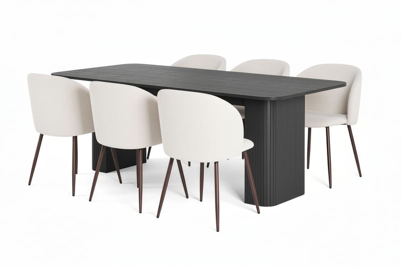 Kopparbo Ruokapöytä 200-260 cm Jatkettava 6 Greya Ruokatuolia käsinojilla, Musta / Valkoinen Bouclé / Metallijalat Pähkinä