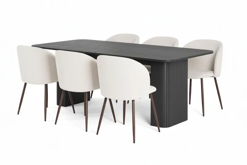 Kopparbo Ruokapöytä 200-260 cm Jatkettava 6 Greya Ruokatuolia käsinojilla, Musta / Valkoinen Bouclé / Metallijalat Pähkinä