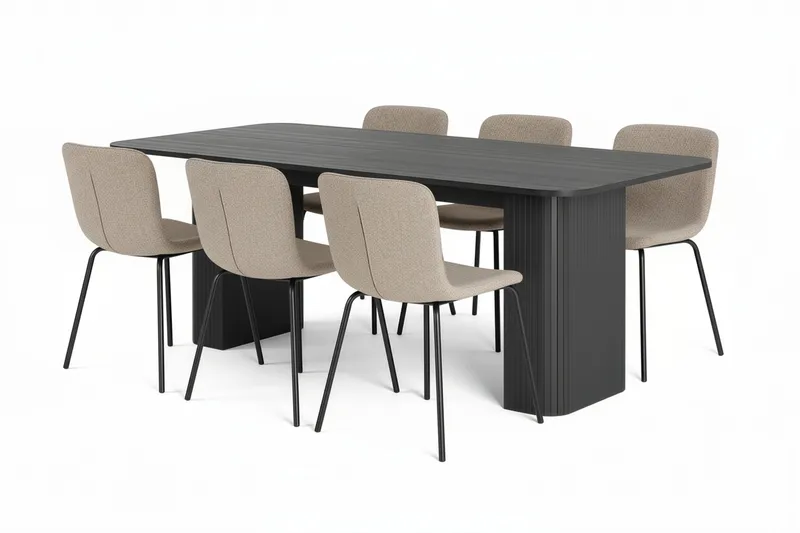 Kopparbo Ruokapöytä 200-260 cm Jatkettava 6 Katy Ruokatuolilla, Musta / Greige Bouclé / Metallijalat Musta