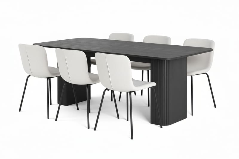 Kopparbo Ruokapöytä 200-260 cm Jatkettava 6 Katy Ruokatuolilla, Musta / Valkoinen Bouclé / Metallijalat Musta