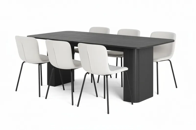 Kopparbo Ruokapöytä 200-260 cm Jatkettava 6 Katy Ruokatuolilla, Musta / Valkoinen Bouclé / Metallijalat Musta