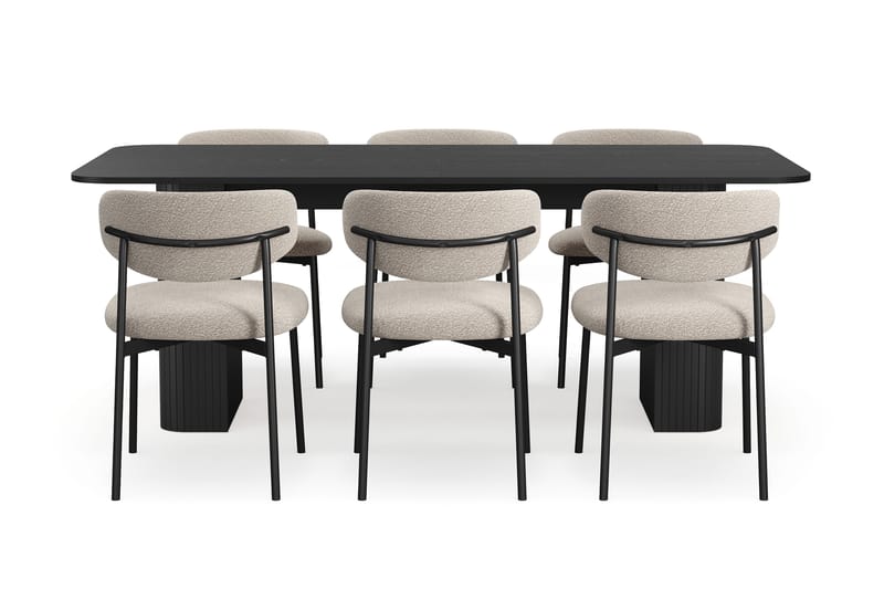Kopparbo Ruokapöytä 200-260 cm Jatkettava 6 Lucy Ruokatuolilla - Musta / Greige Bouclé / Metallijalat Musta - Huonekalut - Pöytä & ruokailuryhmä - Ruokailuryhmä