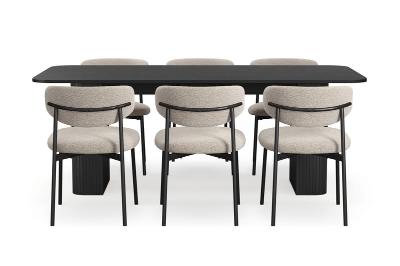 Kopparbo Ruokapöytä 200-260 cm Jatkettava 6 Lucy Ruokatuolilla - Musta / Greige Bouclé / Metallijalat Musta - Huonekalut - Pöytä & ruokailuryhmä - Ruokailuryhmä