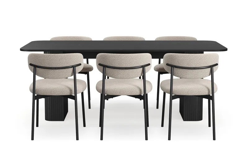 Kopparbo Ruokapöytä 200-260 cm Jatkettava 6 Lucy Ruokatuolilla - Musta / Greige Bouclé / Metallijalat Musta - Huonekalut - Pöytä & ruokailuryhmä - Ruokailuryhmä