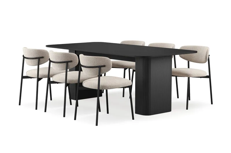 Kopparbo Ruokapöytä 200-260 cm Jatkettava 6 Lucy Ruokatuolilla, Musta / Greige Bouclé / Metallijalat Musta