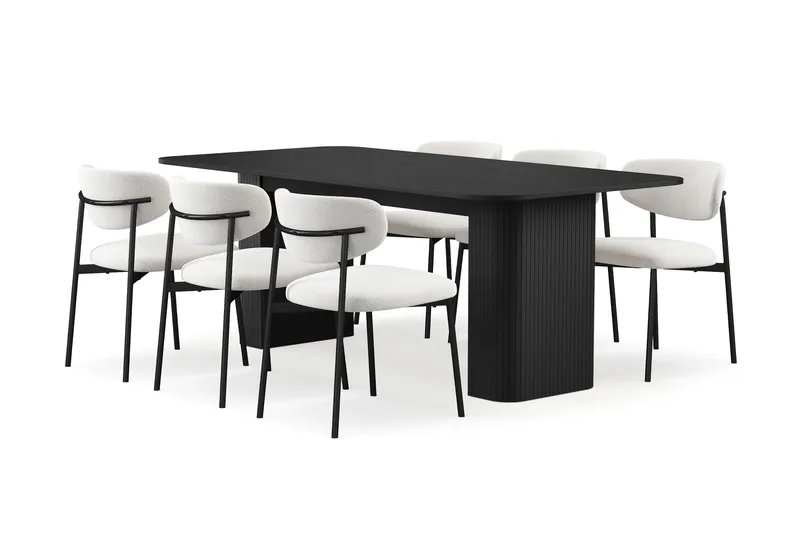 Kopparbo Ruokapöytä 200-260 cm Jatkettava 6 Lucy Ruokatuolilla, Musta / Valkoinen Bouclé / Metallijalat Musta