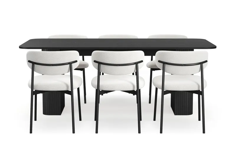 Kopparbo Ruokapöytä 200-260 cm Jatkettava 6 Lucy Ruokatuolilla - Musta / Valkoinen Bouclé / Metallijalat Musta - Huonekalut - Pöytä & ruokailuryhmä - Ruokailuryhmä