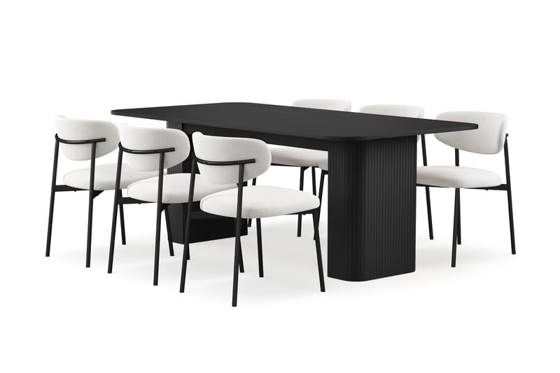 Kopparbo Ruokapöytä 200-260 cm Jatkettava 6 Lucy Ruokatuolilla, Musta / Valkoinen Bouclé / Metallijalat Musta