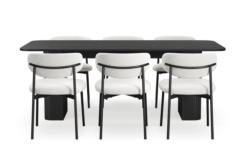 Kopparbo Ruokapöytä 200-260 cm Jatkettava 6 Lucy Ruokatuolilla - Musta / Valkoinen Bouclé / Metallijalat Musta - Huonekalut - Pöytä & ruokailuryhmä - Ruokailuryhmä